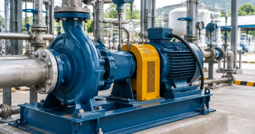 Industrial centrifugal pump on a skid with piping and gauges in a Malaysian plant setting