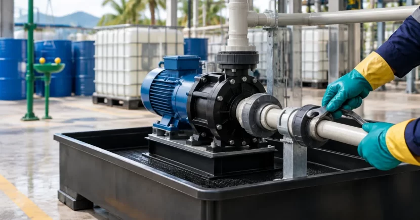 Chemical pump installation with secondary containment and technician inspection for leak prevention