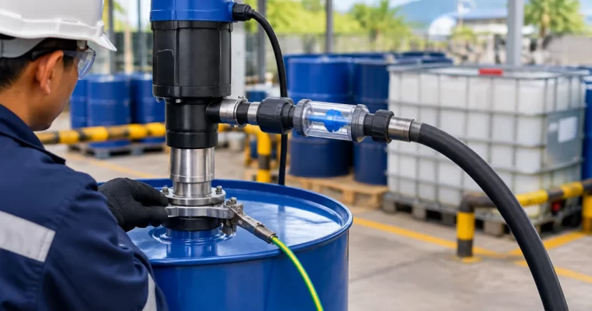 Sealed drum pump transfer setup with inline flowmeter and grounding clamp in an industrial storage area