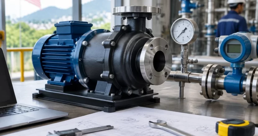 Magnetic drive pump on a workbench with gauges and flow measurement tools for sizing reference