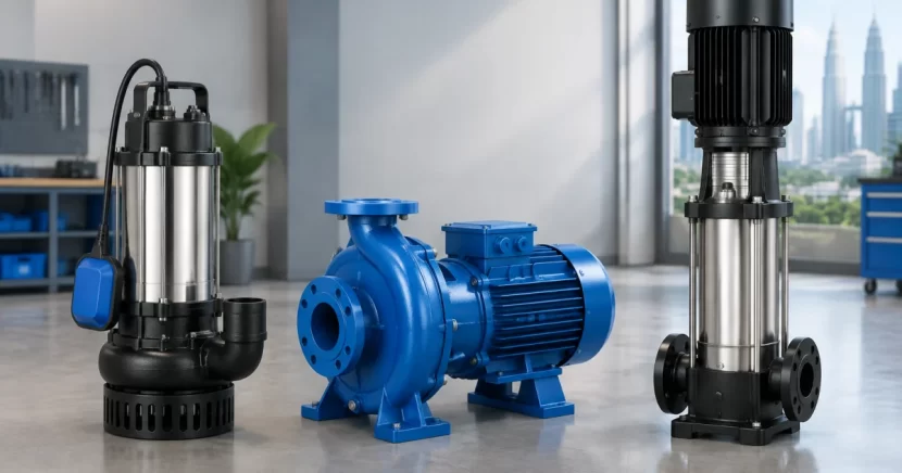 Comparison lineup of submersible, centrifugal, and vertical multistage water pumps